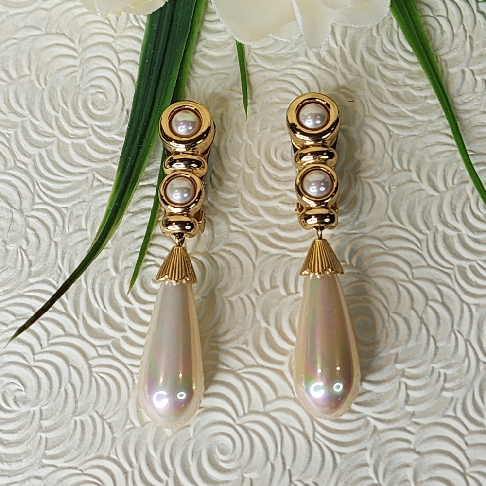Christian Dior Vintage Clip-On Faux Pearl Drop Earrings - Picture 4 of 16